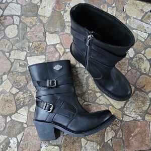 Harley Davidson Heights Black Leather Motorcycle Boots Women's, Metal, Size 8.5